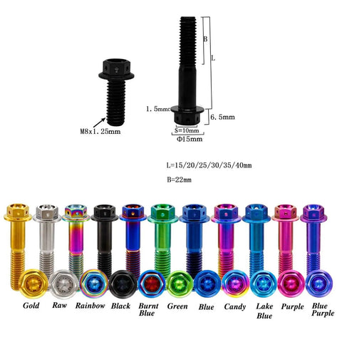Aviation Grade Built Tough Blue Anodized Gr5 Titanium M8 X 1.25 X 40Mm Hex Flange Head Bolts in various colors and sizes.
