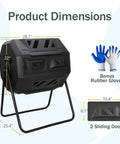 Outdoor Tumbling Composter 43 Gallon Dual Chamber With Two Sliding Doors Heavy Duty Compost Tumbler shown with dimensions and gloves