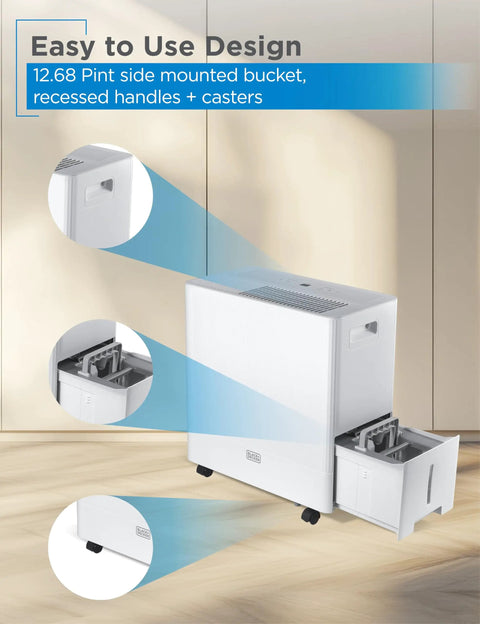 Heavy Duty Portable 50 Pint Dehumidifier For Damp Basements And Closets With Continuous Drain Hose And Removable Bucket, side mounted bucket with caster wheels.
