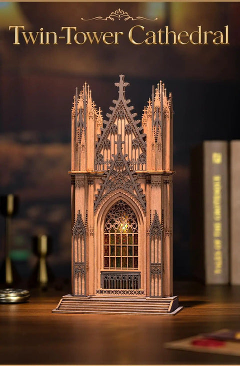 Front view of Gothic Architecture 3D Puzzle Kit For Adults With LED Lights Wooden Model Building Set DIY Craft Kit Twin Tower Cathedral Replica