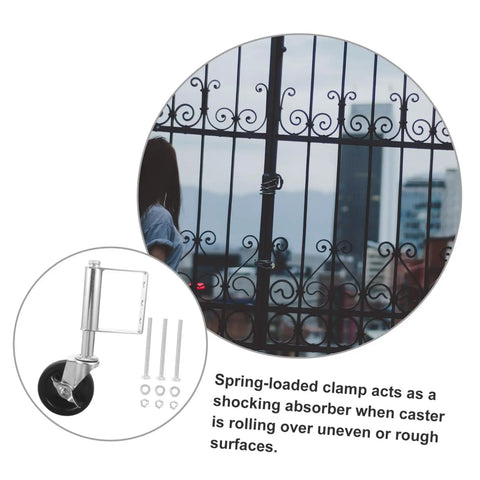 Badass Heavy Duty Spring Loaded Gate Caster acts as shock absorber for smooth rolling over rough surfaces with durable black steel frame.