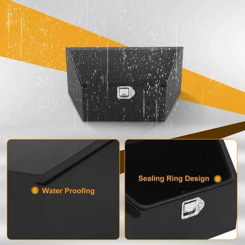 Heavy Duty Steel Thirty Six Inch Trailer Tongue Tool Box With Reinforced Lid showing waterproof design and sealing ring feature.