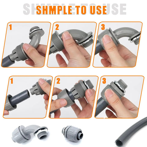 Steps to install Power Whip Assembly Kit For 3 Conductor 10 Gauge Preassembled AC Whip with fittings and conduit.