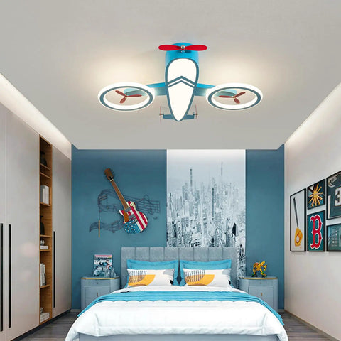 Airplane Themed Kids Ceiling Light 24.8 Inch LED Flush Mount For Bedroom Nursery And Playroom, 34W 4000K Daylight White Energy Saving Lamp Your Kids Will Think Is So Cool, Easy Install Ceiling Fixture in a blue room