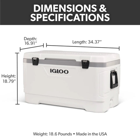 Latitude Marine 100 Quart Cooler With Cool Riser Elevation For Extra Chill Ultra White Finish shown with dimensions