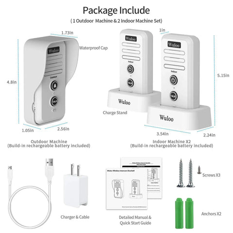 Easy Install Wireless Intercom Doorbell Chime For Home Expandable System With Indoor And Outdoor Transmitters And Receivers White 1T2 set