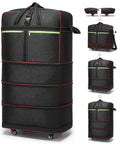 Expandable rolling duffle bag in black, shown in collapse and expanded forms, with sturdy wheels and durable design for travel.