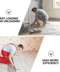 Two workers installing flooring and tiles, demonstrating fast loading and unloading, and high work efficiency in home renovation.