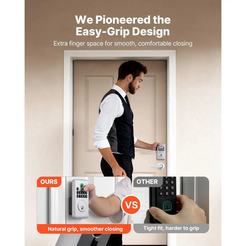 Image showing comparison of easy-grip design of Silver Fingerprint Deadbolt Keyless Entry Door Lock with user in formal attire.