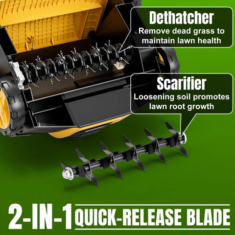 Electric Dethatcher And Scarifier 2 In 1 16 Inch Wide Rake With Five Position Depth close-up of quick-release blade