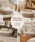 No Sweat Cotton Fabric Storage Baskets 4 Pack Organizers For Shelf And Cabinet White Khaki in bathroom with towels.