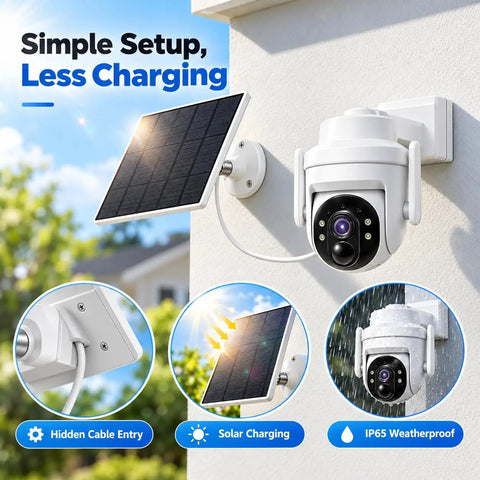 Slick Solar Powered Outdoor Wireless Security Camera Capturing Crisp 3MP HD Video with solar panel and weatherproof design.