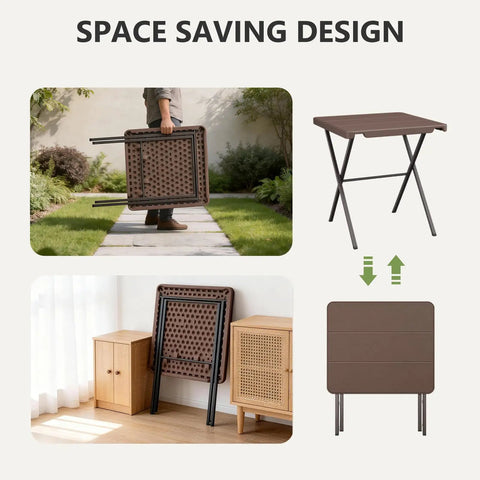 Sturdy Foldable 27 Inch Square Card Table With 400 Lb Capacity shown folding and in use outdoors and stored indoors.