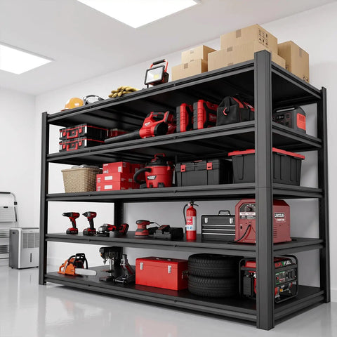 Heavy Duty 5 Tier Garage Shelving Unit Packing 5000 Lbs Metal Storage Rack Adjustable Industrial Workhorse Shelf For Basement Workshop Or Warehouse Organization with tools and storage boxes.