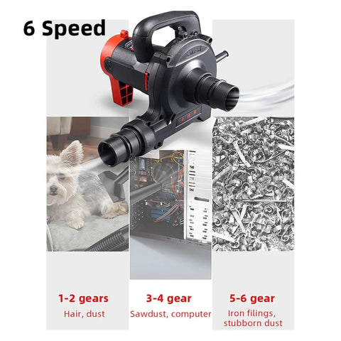 Powerful Heavy Duty Industrial Dust Collector Blower With Six Speed Blowing And Suction Vacuum For Milling Machines And Garage Shops 1200w All Copper Motor showcases six speed settings for various types of debris.