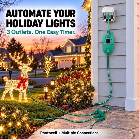 Heavy Duty Outdoor Dusk To Dawn Timer With Photocell Sensor And Three Grounded Outlets shown on house wall, automating holiday lights.