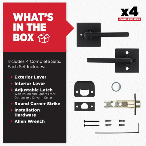 Matte Black Privacy Door Levers With Lock Four Pack Reversible Interior Handles Dead Simple Install Push Button Privacy System contents.