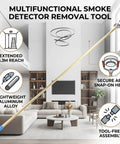 Extra Long Smoke Detector Removal Tool For Smooth Wireless Alarm Service On High Ceilings And Vaulted Rooms Using Abs Head To Loosen Units Without Breaking A Sweat Totally Ladder Free displayed in a modern living room with 3.3m reach.