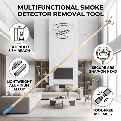 Telescoping Smoke Detector Reacher Pole 130 Inches Long Aluminum Extension Wand for High Ceilings shown in a modern living room.
