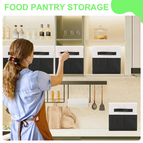 Heavy Duty Large Shelf Storage Bins Four Pack Black Collapsible Fabric Storage Baskets in a kitchen pantry.