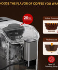 Close-up of Fully Automatic Espresso Machine With Built In Grinder And Dual Boilers showing 20 bar pump pressure and grind settings.