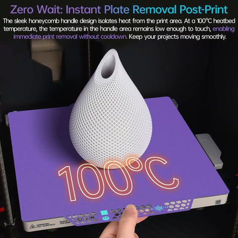 Glacier Cold Build Plate For Bambu Lab 3D Printers with 100°C print, featuring a white filament drop shape on a purple surface.