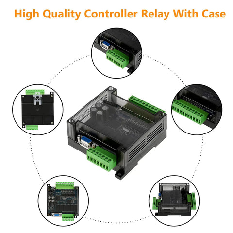 Beefed Up 24V DC PLC Controller For Interface Switching With 32 Bit MCU, shown in black casing with green connectors, top view