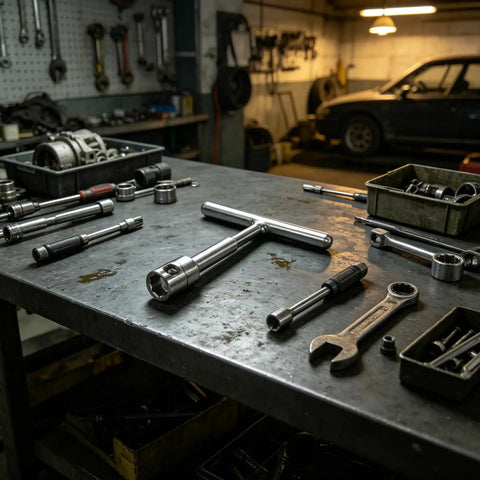 Top Shelf No Fuss T Bar Dent Puller Kit With Strong Adhesive Glue Tabs for effortless paintless auto body repair tools on a mechanic's workbench.