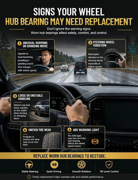 Signs your wheel hub bearing may need replacement with warning signs and vehicle dashboard details.