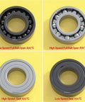 Top Shelf High Temperature Ball Bearing 6916 80x110x16 Millimeters Sealed Industrial Grade Kiln Part Rated To Six Hundred Celsius close-up view of four ball bearings with varying speeds and seals.