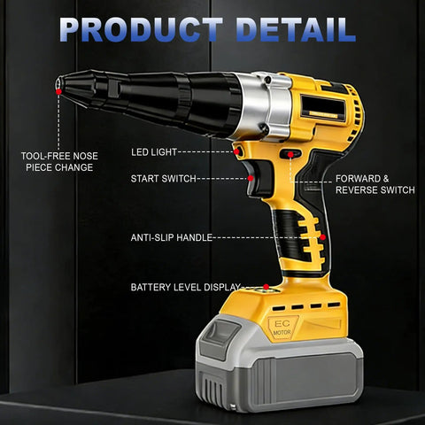 Heavy Duty Brushless Cordless Rivet Gun Compatible With DeWalt 20V Battery displaying tool-free nose, LED light, and anti-slip handle.