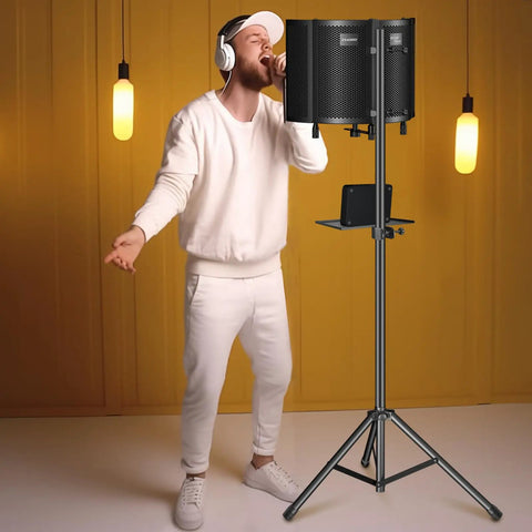 Person recording with Pro Grade Studio Microphone Isolation Shield With Pop Filter And High Density Foam, Adjustable Stand, Metal Adapters