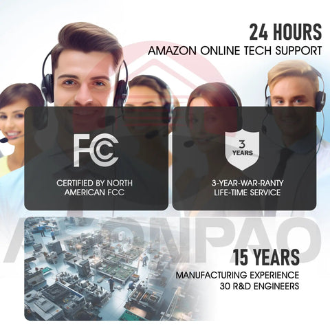 Team providing 24-hour Amazon support, FCC certification seal, 3-year warranty icon, company experience with engineers photo.
