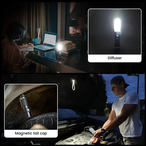 Sofirn SP10 Pro BLF Anduril2 Version Mini EDC Flashlight illuminating a desk and car engine with diffuser and magnetic tail cap.