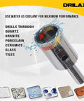 Five Eighth Inch Diamond Drill Bit For Glass Tile Ceramic Porcelain And Granite Countertops A Pro Grade Hole Saw For Replacement Toilet Flush Holes Bottles Lamps And Drains, shown drilling through various materials, stainless steel body with cooling feature.