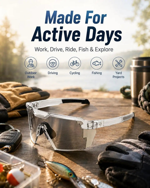 Kickass Impact Resistant Photochromic Polarized Safety Glasses Featuring Adaptive UV400 Lenses That Auto Adjust From Clear To Dark For Outdoor Sports And Daily Grind on wooden table with tools.