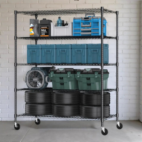 Five Tier Wire Shelving With Wheels Heavy Duty Height Adjustable Metal Storage Rack Commercial Grade Steel Utility Shelf 24 By 48 By 82 Inches with tools and tires