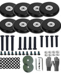 Replacement Wheels For Luggage Suitcase 50mm Diameter 8 Pc Wheel Set With 30mm, 36mm And 50mm Axles, washers, screws, spacers, adapters, gloves