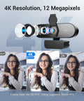 4K Webcam with PDAF Autofocus, Privacy Cover, Dual Mics showing lens view and quality comparison at 4K/30FPS and 1080p/60FPS