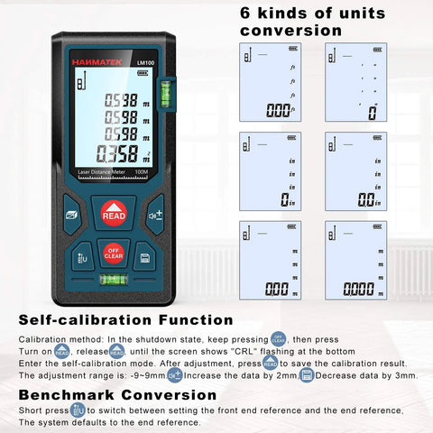 328Ft Laser Distance Meter With Ft In M Switch showing unit conversion options and self-calibration settings on LCD.
