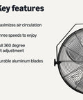 Diagram showing key features of 18 Inch Indoor Wall Mount Industrial Fan With Three Speeds And High CFM Up To 3100, heavy-duty blades visible.