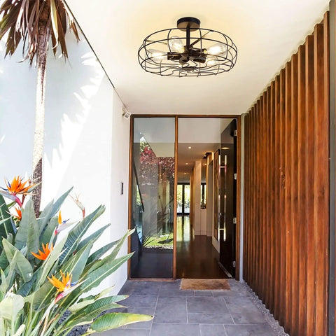 Five Light Industrial Ceiling Light With Rustic Wire Cage In Oil Rubbed Bronze Farmhouse Semi Flush Mount Black Retro Close To Ceiling Fixture For Kitchen Dining Room And Bedroom Perfect For Modern Homes And Open Concept Kitchens installed in a modern entryway.