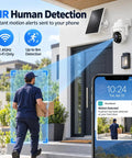Wireless Outdoor Solar Security Camera 3MP HD with PIR motion detection monitoring package delivery at front door.