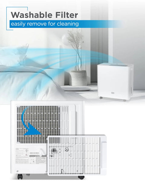 Heavy Duty Portable 50 Pint Dehumidifier For Damp Basements And Closets With Continuous Drain Hose And Removable Bucket, showing removable washable filter.