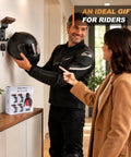 Heavy Duty Solid Steel And Premium Natural Wood Motorcycle Helmet Wall Mount Rack With Rust Resistant Matte Black Finish Built Tough For Motorcyclists Rock Solid Garage Gear Stash Two Pack displayed while holding helmet and keys.