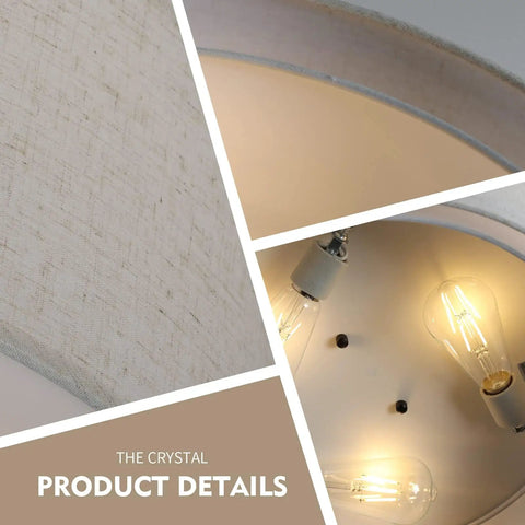 Close-up details of Three Light Drum Ceiling Light Fixture With Linen Fabric Shade Modern Farmhouse Flush Mount Round Lighting