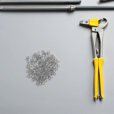 Stainless Steel Spring Lock Washers Set With Optimized Pressure Distribution 200 Pieces shown with pliers on gray surface