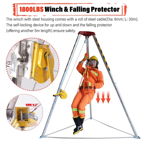 Built Tough Confined Space Tripod Rescue Winch Rig With Heavy Duty Stabilizer Hoist And Full Body Fall Arrest Harness Kit For Tunnel Sewer Construction Lifting And Battle Ready Lifesaving Protection At 1800 Lbs, featuring winch and worker in safety gear.