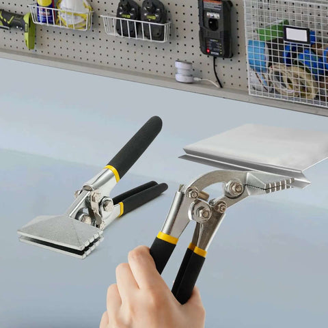Dual Jaw Sheet Metal Pliers Set with curved jaw offset and straight jaw bender for HVAC, roofing, and workshop tasks on workbench.