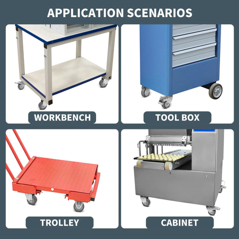 Application scenarios of 3 Inch Rubber Caster Wheels Set Of 4 With Brakes on workbench, tool box, trolley, and cabinet.
